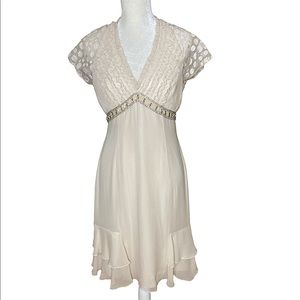 Badgley Mischka Silk Cream Cocktail Dress with V Neckline and Sequined Bodice